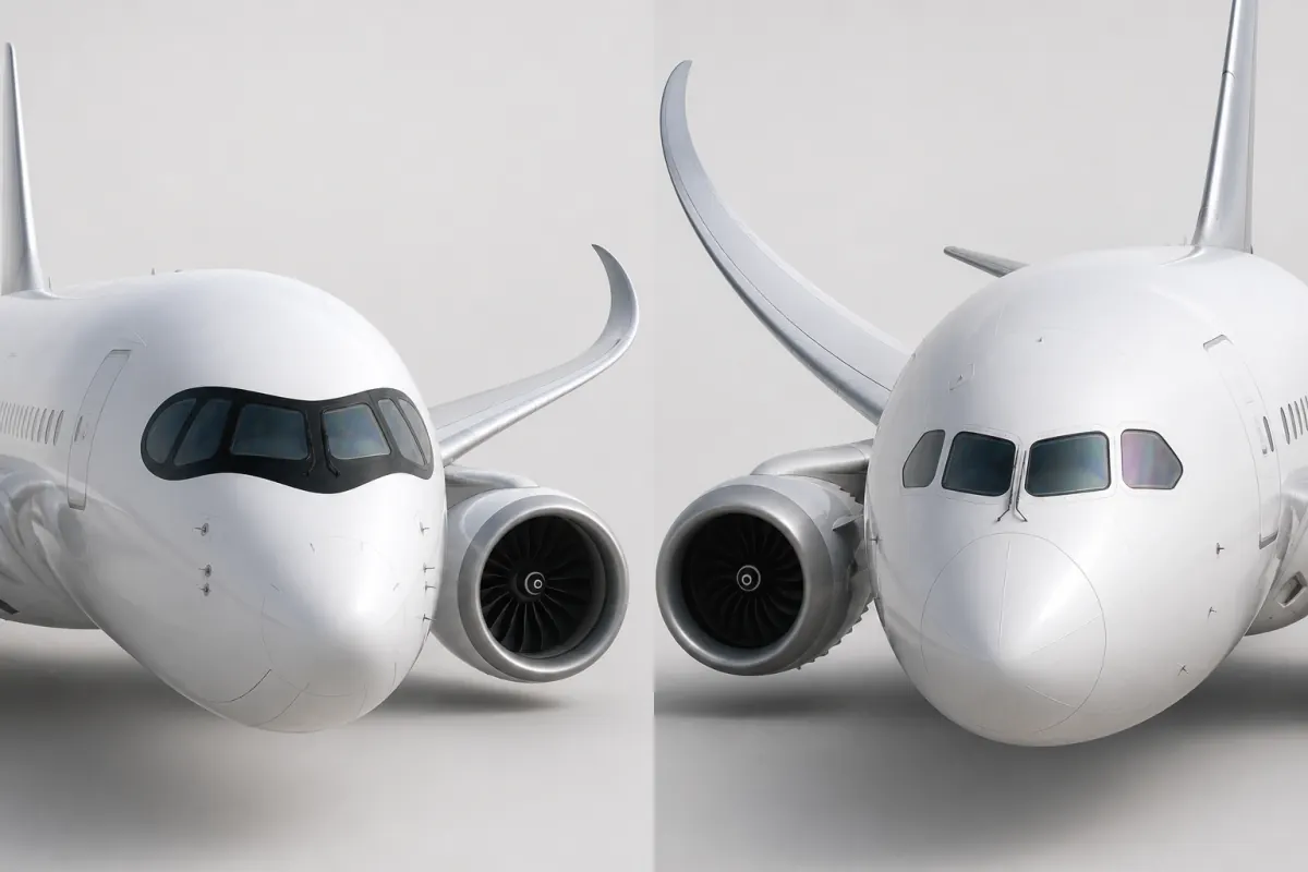 Side-by-side widebody nose and wing clues comparing an A350-style black cockpit mask with a 787-style nose and raked wingtip