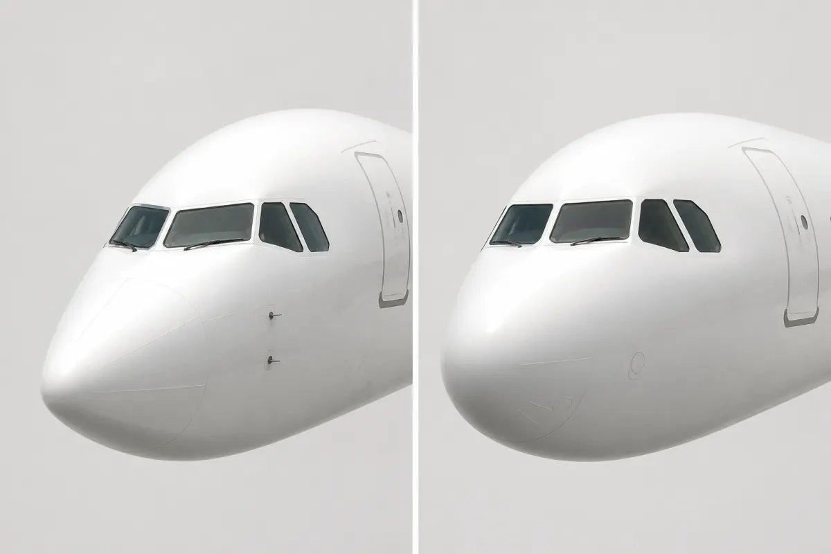 Side-by-side aircraft nose and cockpit window shapes showing sharper Boeing-style and rounder Airbus-style profiles